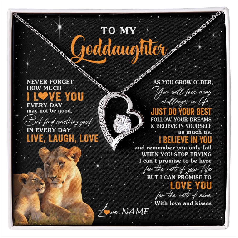 Forever Love Necklace 14K White Gold Finish | 1 | Personalized To My Goddaughter Necklace From Aunt Live Laugh Love Lion Goddaughter Birthday Positive Graduation Christmas Customized Gift Box Message Card | siriusteestore