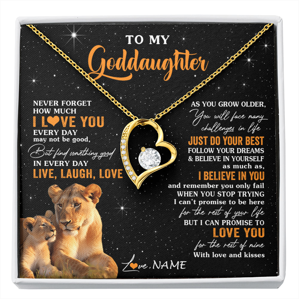 Forever Love Necklace 18K Yellow Gold Finish | 1 | Personalized To My Goddaughter Necklace From Aunt Live Laugh Love Lion Goddaughter Birthday Positive Graduation Christmas Customized Gift Box Message Card | siriusteestore