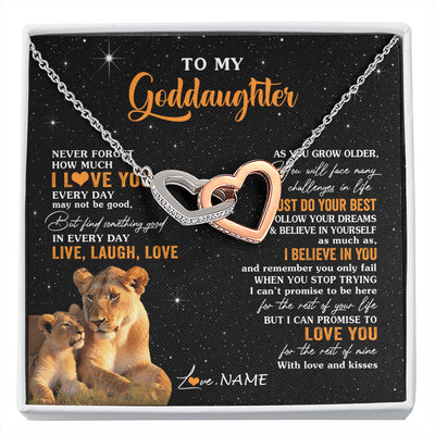 Interlocking Hearts Necklace Stainless Steel & Rose Gold Finish | 1 | Personalized To My Goddaughter Necklace From Aunt Live Laugh Love Lion Goddaughter Birthday Positive Graduation Christmas Customized Gift Box Message Card | siriusteestore