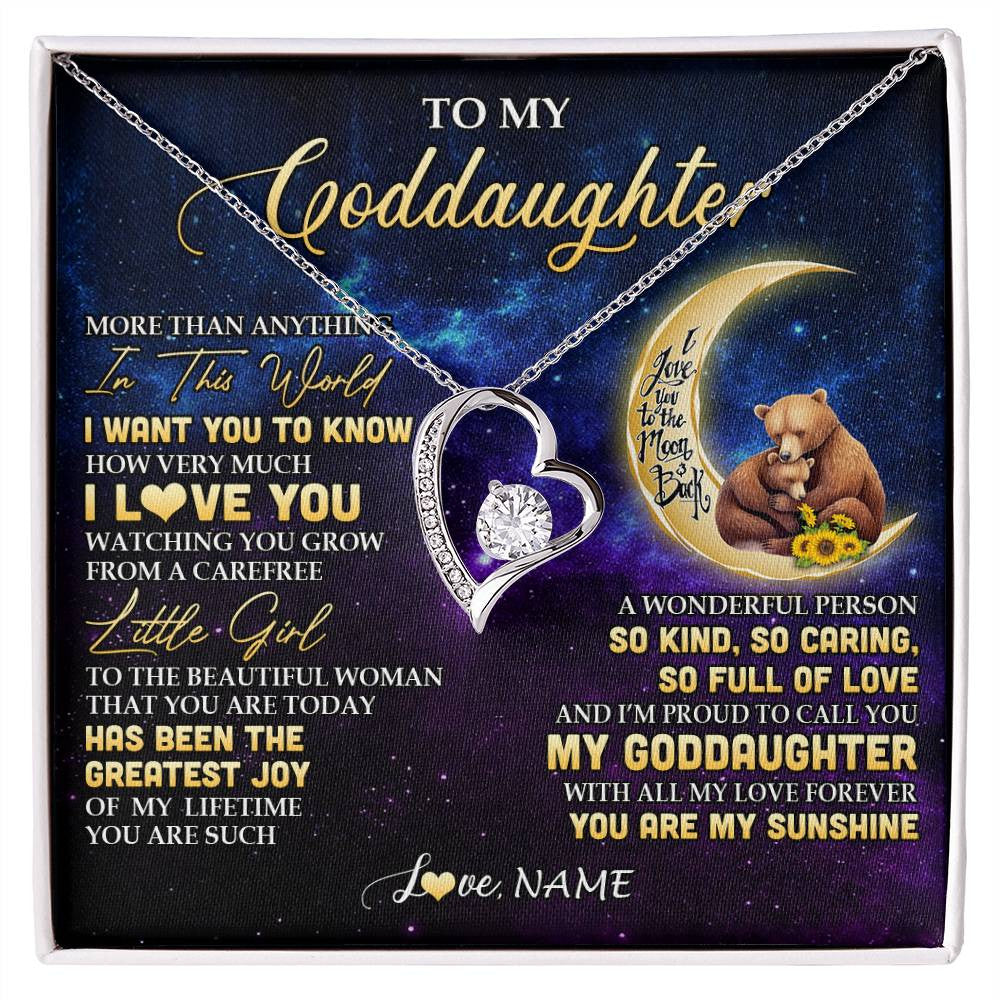 Forever Love Necklace 14K White Gold Finish | 1 | Personalized To My Goddaughter Necklace From Aunt Positive Energy Encourage Brave Little Bear Goddaughter Birthday Christmas Customized Gift Box Message Card | siriusteestore