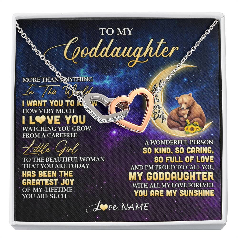 Interlocking Hearts Necklace Stainless Steel & Rose Gold Finish | 1 | Personalized To My Goddaughter Necklace From Aunt Positive Energy Encourage Brave Little Bear Goddaughter Birthday Christmas Customized Gift Box Message Card | siriusteestore