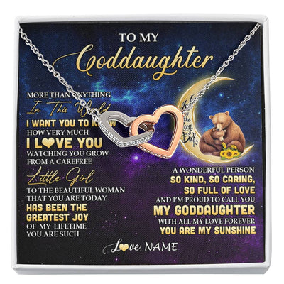Interlocking Hearts Necklace Stainless Steel & Rose Gold Finish | 1 | Personalized To My Goddaughter Necklace From Aunt Positive Energy Encourage Brave Little Bear Goddaughter Birthday Christmas Customized Gift Box Message Card | siriusteestore