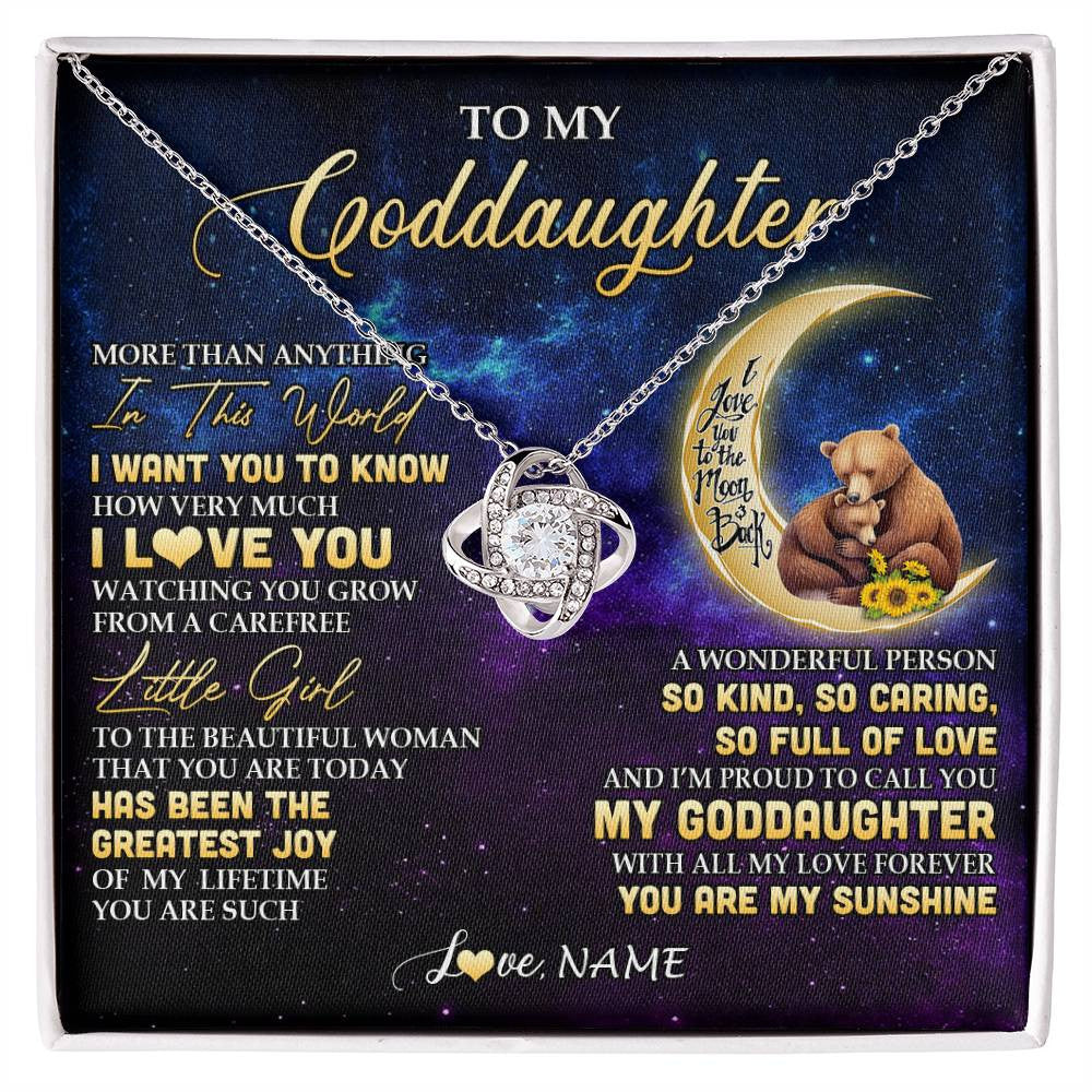 Love Knot Necklace 14K White Gold Finish | 1 | Personalized To My Goddaughter Necklace From Aunt Positive Energy Encourage Brave Little Bear Goddaughter Birthday Christmas Customized Gift Box Message Card | siriusteestore