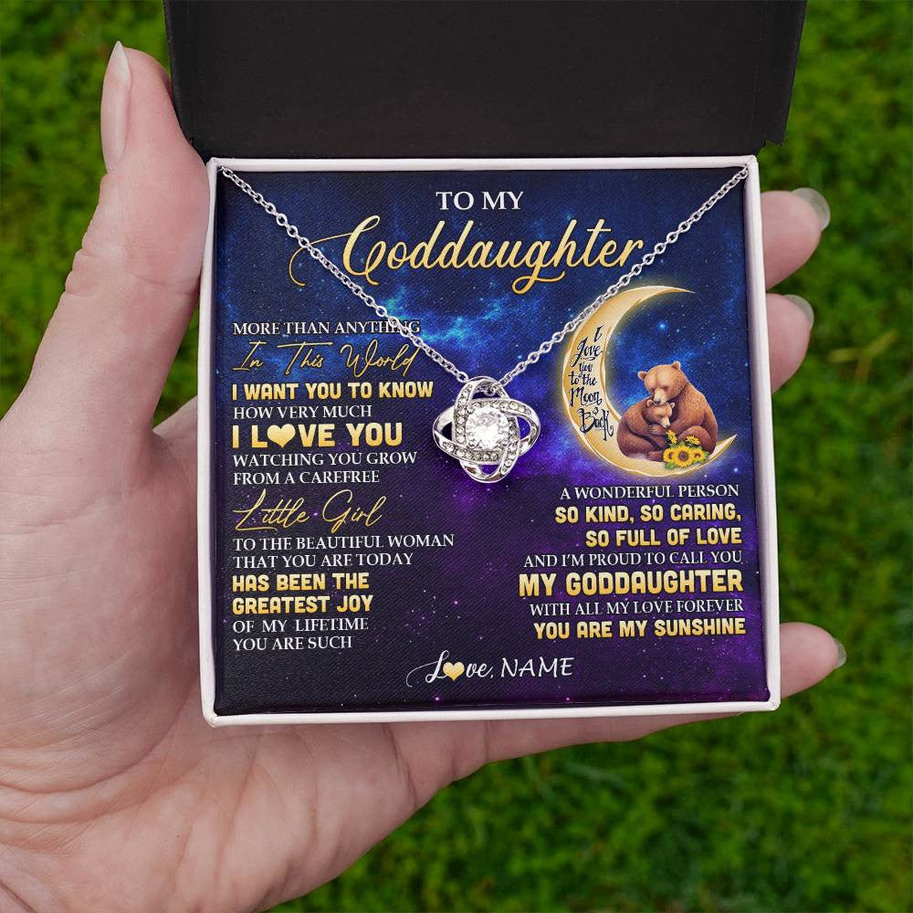 Love Knot Necklace 14K White Gold Finish | 2 | Personalized To My Goddaughter Necklace From Aunt Positive Energy Encourage Brave Little Bear Goddaughter Birthday Christmas Customized Gift Box Message Card | siriusteestore