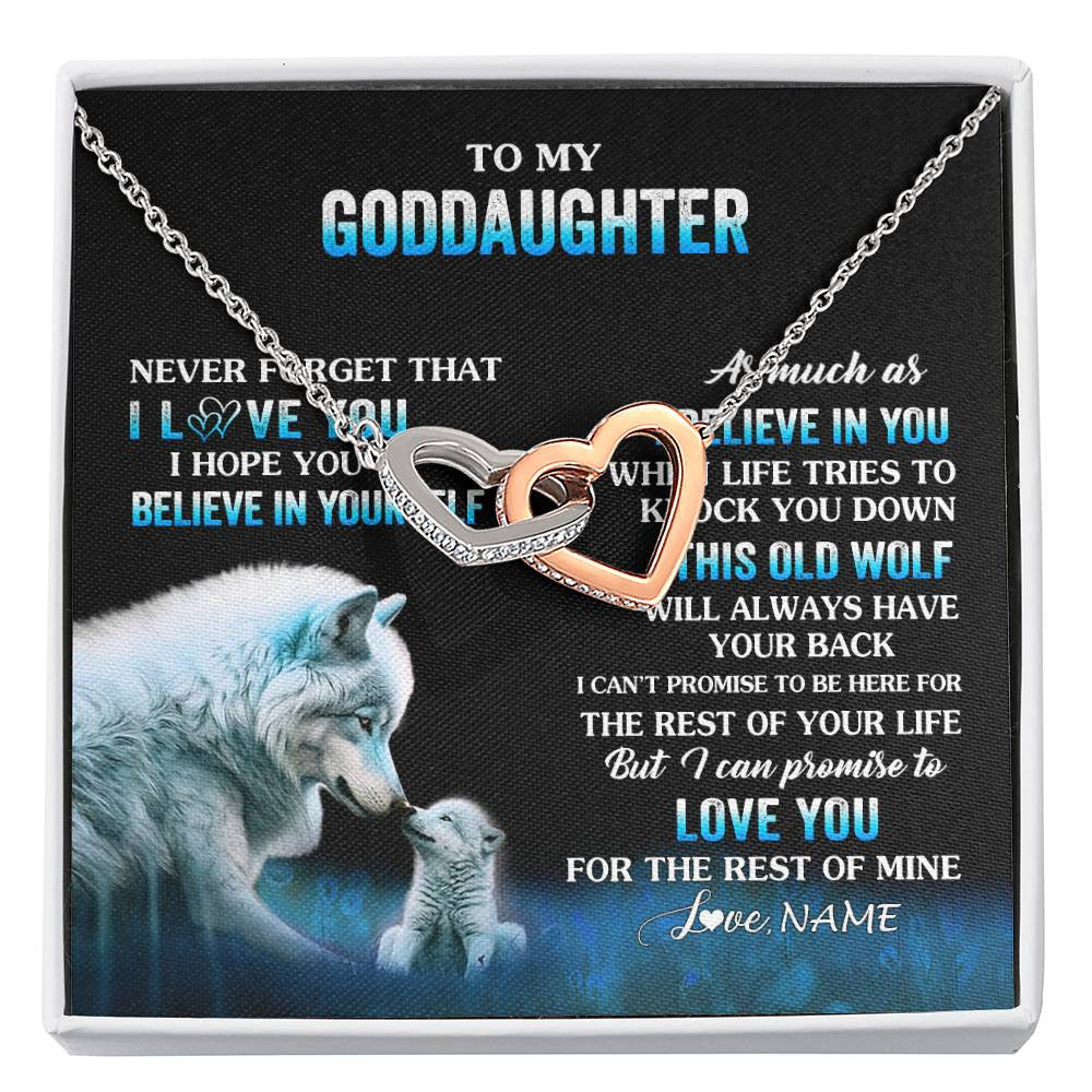 Interlocking Hearts Necklace Stainless Steel & Rose Gold Finish | 1 | Personalized To My Goddaughter Necklace From Aunt This Old Wolf Love Goddaughter Birthday Gifts Jewelry Graduation Christmas Customized Gift Box Message Card | siriusteestore