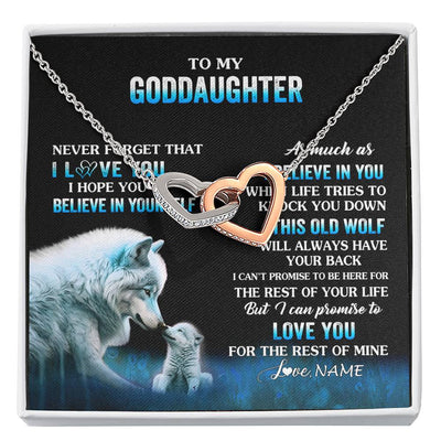 Interlocking Hearts Necklace Stainless Steel & Rose Gold Finish | 1 | Personalized To My Goddaughter Necklace From Aunt This Old Wolf Love Goddaughter Birthday Gifts Jewelry Graduation Christmas Customized Gift Box Message Card | siriusteestore