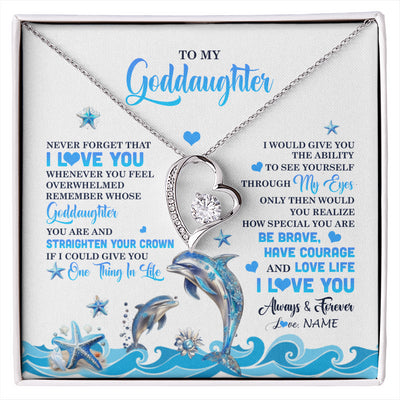 Forever Love Necklace 14K White Gold Finish | 1 | Personalized To My Goddaughter Necklace From Aunt Uncle Dophin Never Forget I Love You Goddaughter Birthday Jewelry Christmas Customized Gift Box Message Card | siriusteestore