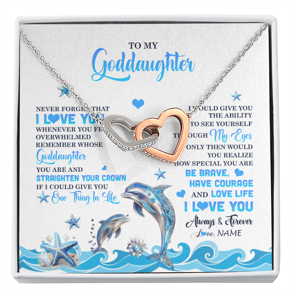 Interlocking Hearts Necklace Stainless Steel & Rose Gold Finish | 1 | Personalized To My Goddaughter Necklace From Aunt Uncle Dophin Never Forget I Love You Goddaughter Birthday Jewelry Christmas Customized Gift Box Message Card | siriusteestore