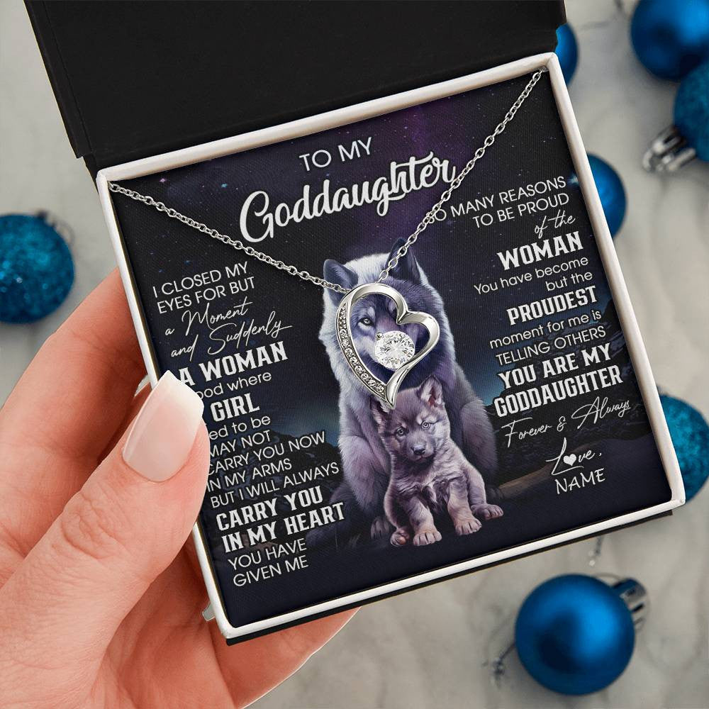 Forever Love Necklace 14K White Gold Finish | 2 | Personalized To My Goddaughter Necklace From Aunt Uncle I Close My Eyes Wolf Goddaughter Birthday Gifts Graduation Christmas Customized Gift Box Message Card | siriusteestore