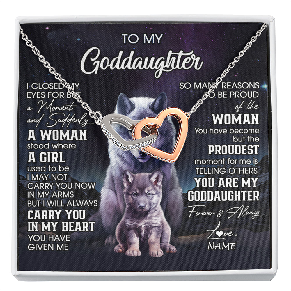 Interlocking Hearts Necklace Stainless Steel & Rose Gold Finish | 1 | Personalized To My Goddaughter Necklace From Aunt Uncle I Close My Eyes Wolf Goddaughter Birthday Gifts Graduation Christmas Customized Gift Box Message Card | siriusteestore