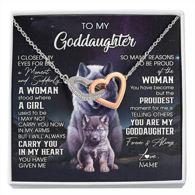 Interlocking Hearts Necklace Stainless Steel & Rose Gold Finish | 1 | Personalized To My Goddaughter Necklace From Aunt Uncle I Close My Eyes Wolf Goddaughter Birthday Gifts Graduation Christmas Customized Gift Box Message Card | siriusteestore