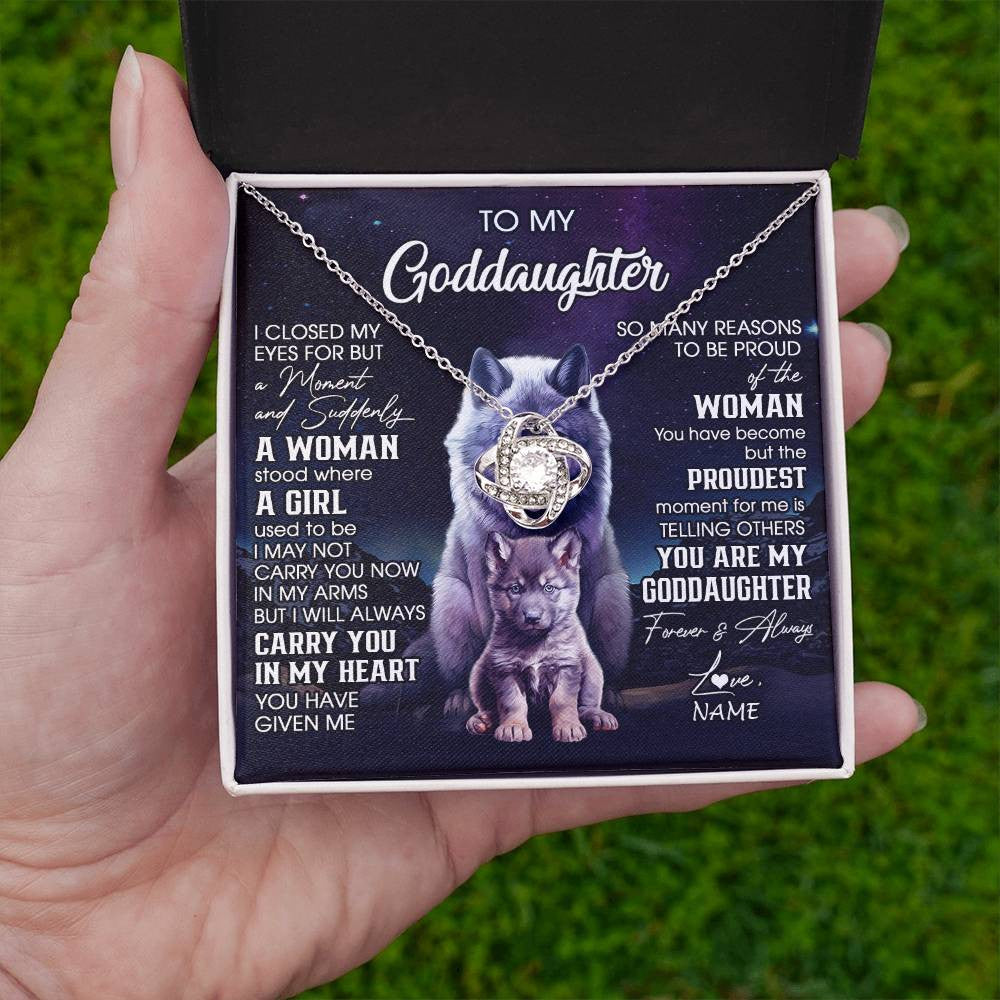 Love Knot Necklace 14K White Gold Finish | 2 | Personalized To My Goddaughter Necklace From Aunt Uncle I Close My Eyes Wolf Goddaughter Birthday Gifts Graduation Christmas Customized Gift Box Message Card | siriusteestore