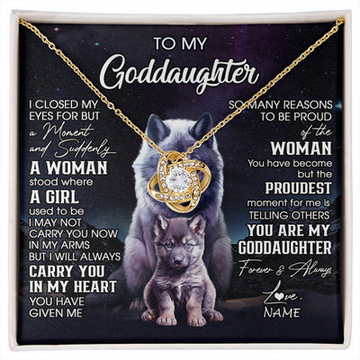 Love Knot Necklace 18K Yellow Gold Finish | 1 | Personalized To My Goddaughter Necklace From Aunt Uncle I Close My Eyes Wolf Goddaughter Birthday Gifts Graduation Christmas Customized Gift Box Message Card | siriusteestore