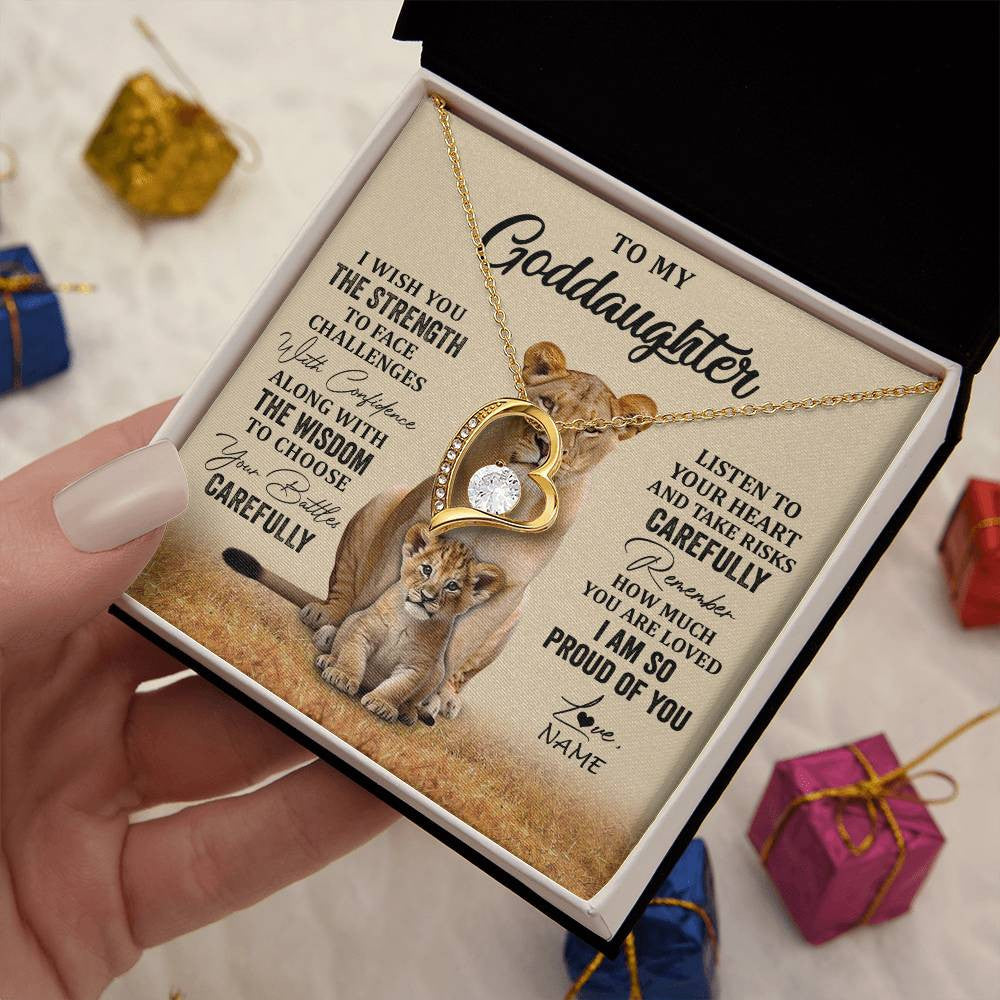 Forever Love Necklace 18K Yellow Gold Finish | 2 | Personalized To My Goddaughter Necklace From Aunt Uncle I Wish You The Strength Lion Goddaughter Birthday Graduation Christmas Customized Gift Box Message Card | siriusteestore