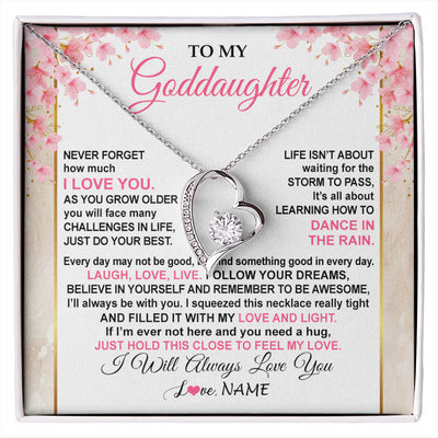 Forever Love Necklace 14K White Gold Finish | 1 | Personalized To My Goddaughter Necklace From Aunt Uncle Inspirational I Love You Goddaughter Birthday Graduation Christmas Customized Gift Box Message Card | siriusteestore