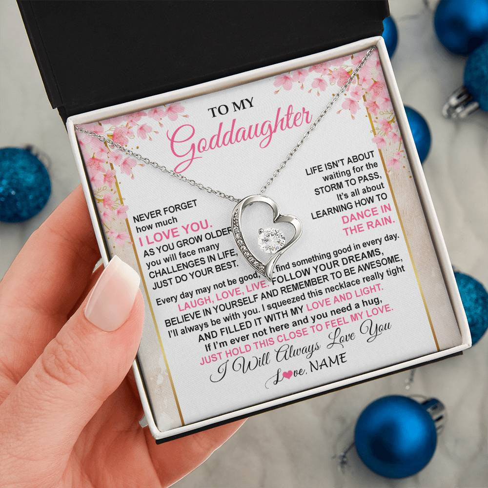 Forever Love Necklace 14K White Gold Finish | 2 | Personalized To My Goddaughter Necklace From Aunt Uncle Inspirational I Love You Goddaughter Birthday Graduation Christmas Customized Gift Box Message Card | siriusteestore
