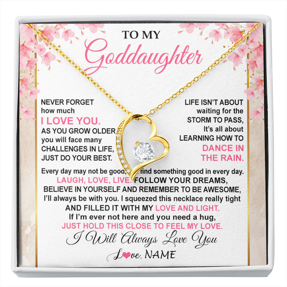 Forever Love Necklace 18K Yellow Gold Finish | 1 | Personalized To My Goddaughter Necklace From Aunt Uncle Inspirational I Love You Goddaughter Birthday Graduation Christmas Customized Gift Box Message Card | siriusteestore