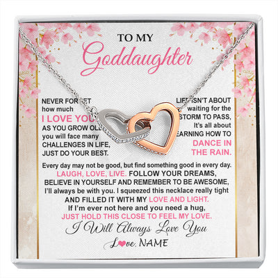 Interlocking Hearts Necklace Stainless Steel & Rose Gold Finish | 1 | Personalized To My Goddaughter Necklace From Aunt Uncle Inspirational I Love You Goddaughter Birthday Graduation Christmas Customized Gift Box Message Card | siriusteestore