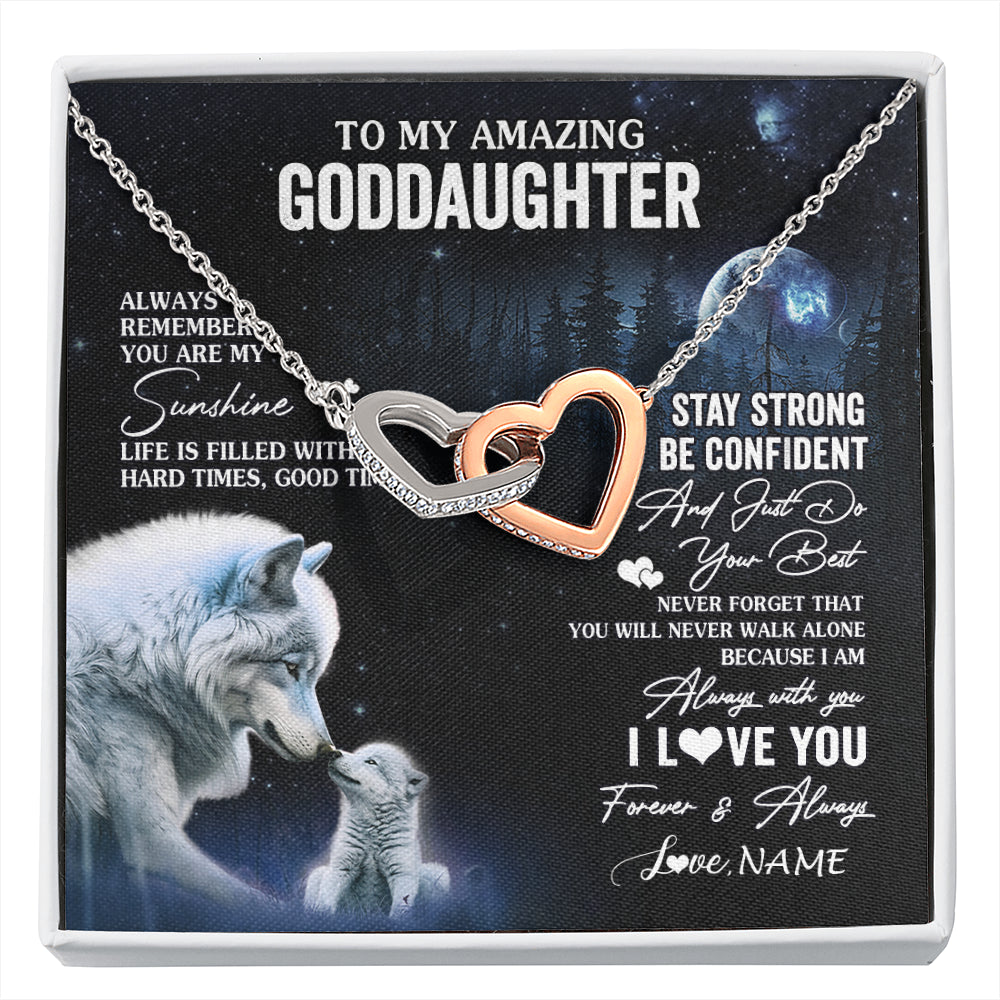Interlocking Hearts Necklace Stainless Steel & Rose Gold Finish | 1 | Personalized To My Goddaughter Necklace From Aunt Uncle Moon Wolf Goddaughter Birthday Gifts Jewelry Graduation Christmas Customized Gift Box Message Card | siriusteestore