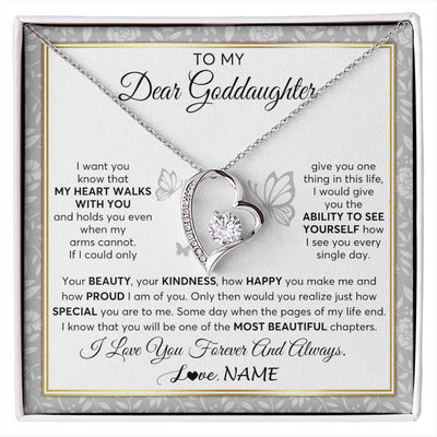 Forever Love Necklace 14K White Gold Finish | 1 | Personalized To My Goddaughter Necklace From Aunt Uncle My Heart Walks With You Goddaughter Birthday Gifts Jewelry Christmas Customized Gift Box Message Card | siriusteestore