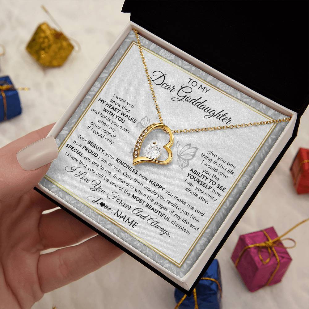 Forever Love Necklace 18K Yellow Gold Finish | 2 | Personalized To My Goddaughter Necklace From Aunt Uncle My Heart Walks With You Goddaughter Birthday Gifts Jewelry Christmas Customized Gift Box Message Card | siriusteestore