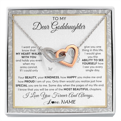 Interlocking Hearts Necklace Stainless Steel & Rose Gold Finish | 1 | Personalized To My Goddaughter Necklace From Aunt Uncle My Heart Walks With You Goddaughter Birthday Gifts Jewelry Christmas Customized Gift Box Message Card | siriusteestore