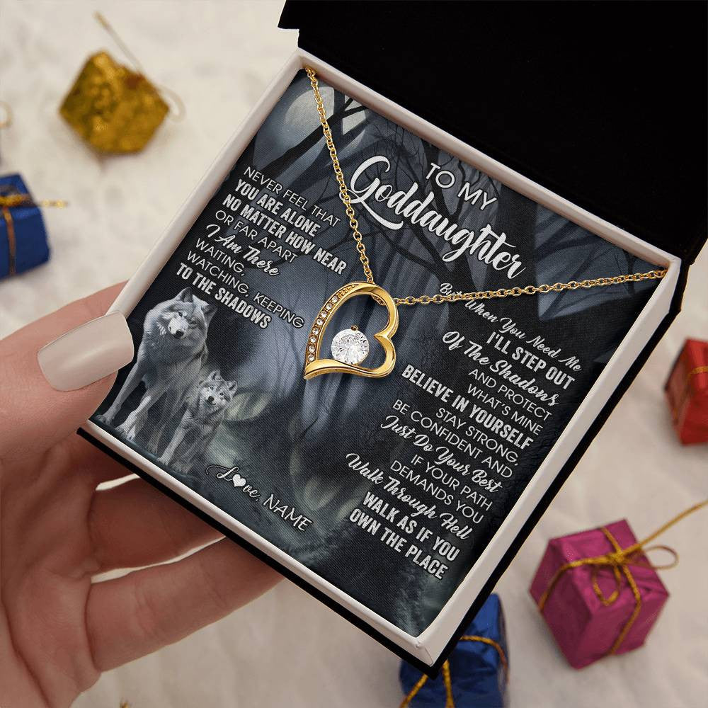Forever Love Necklace 18K Yellow Gold Finish | 2 | Personalized To My Goddaughter Necklace From Aunt Uncle Never Feel That You Are Alone Wolf Birthday Gifts Jewelry Christmas Customized Gift Box Message Card | siriusteestore