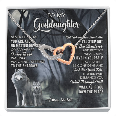 Interlocking Hearts Necklace Stainless Steel & Rose Gold Finish | 1 | Personalized To My Goddaughter Necklace From Aunt Uncle Never Feel That You Are Alone Wolf Birthday Gifts Jewelry Christmas Customized Gift Box Message Card | siriusteestore