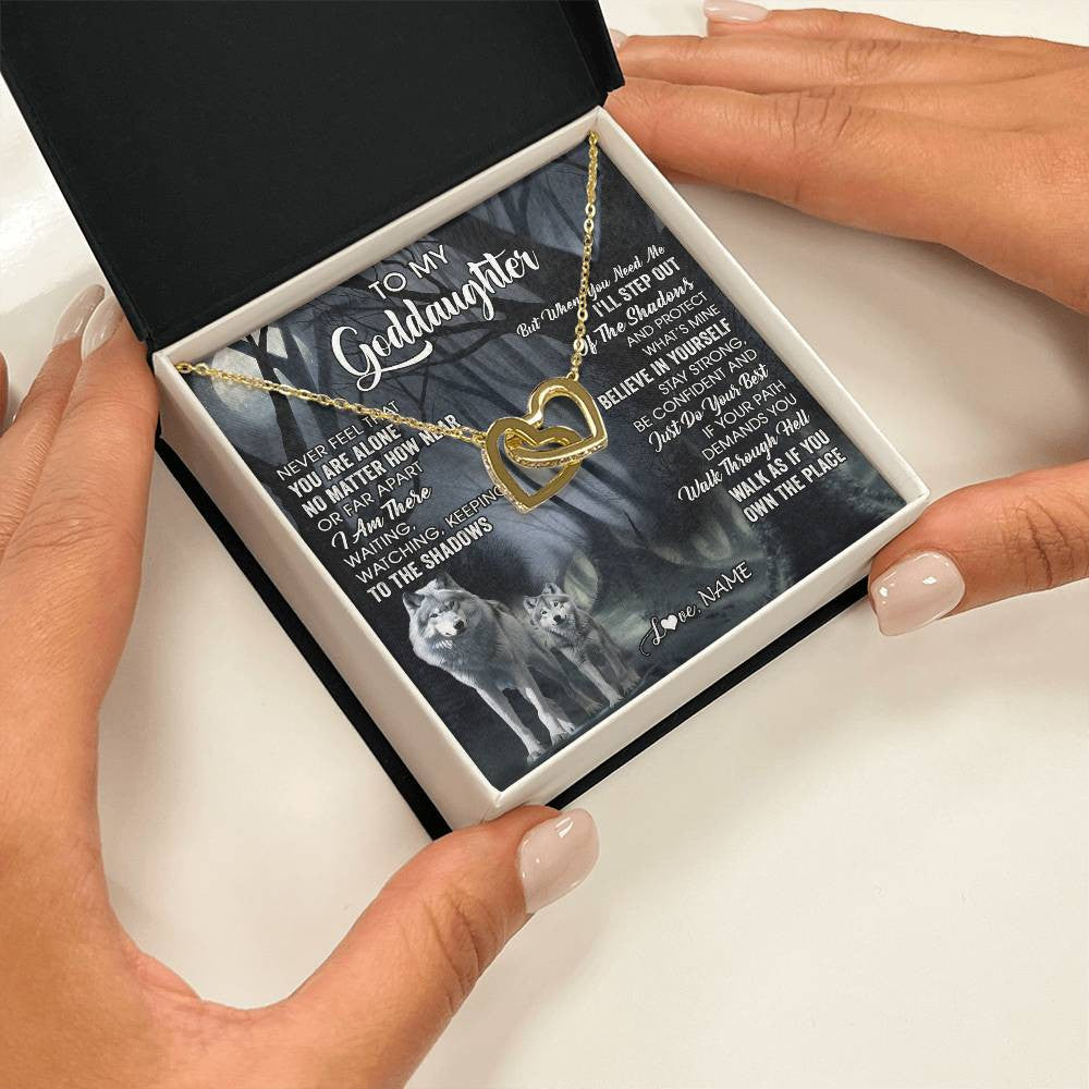 Interlocking Hearts Necklace 18K Yellow Gold Finish | 2 | Personalized To My Goddaughter Necklace From Aunt Uncle Never Feel That You Are Alone Wolf Birthday Gifts Jewelry Christmas Customized Gift Box Message Card | siriusteestore