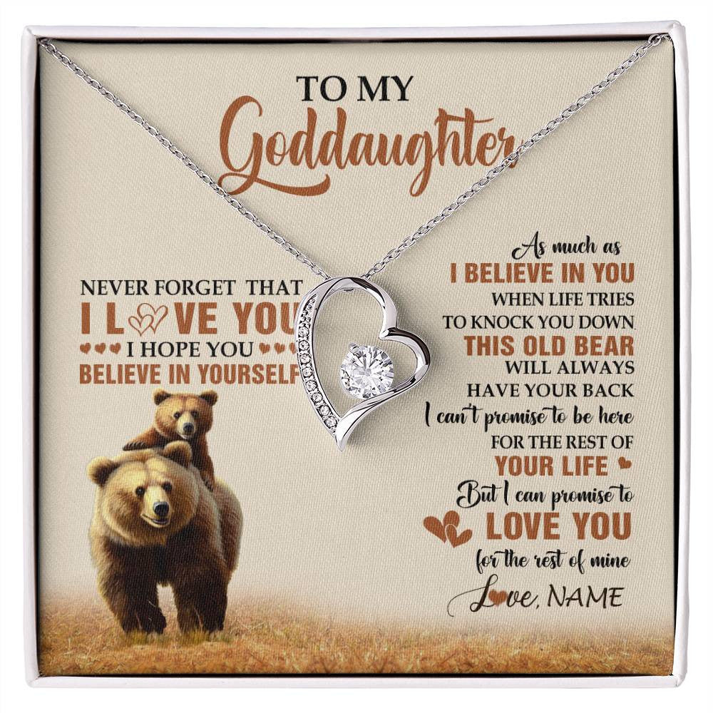 Forever Love Necklace 14K White Gold Finish | 1 | Personalized To My Goddaughter Necklace From Aunt Uncle This Old Bear Love You Goddaughter Birthday Graduation Christmas Customized Gift Box Message Card | siriusteestore