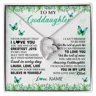 Forever Love Necklace 14K White Gold Finish | 1 | Personalized To My Goddaughter Necklace From Godfather Aunt Butterfly Laugh Love Live Birthday Motivational Quote Christmas Customized Gift Box Message Card | siriusteestore