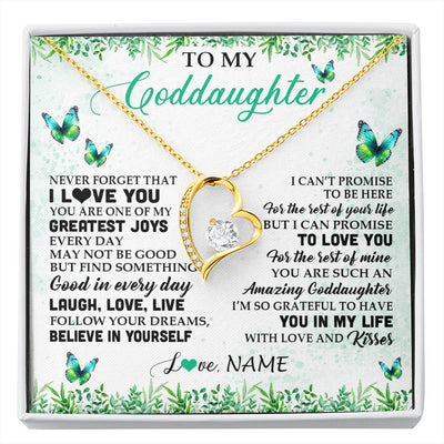 Forever Love Necklace 18K Yellow Gold Finish | 1 | Personalized To My Goddaughter Necklace From Godfather Aunt Butterfly Laugh Love Live Birthday Motivational Quote Christmas Customized Gift Box Message Card | siriusteestore
