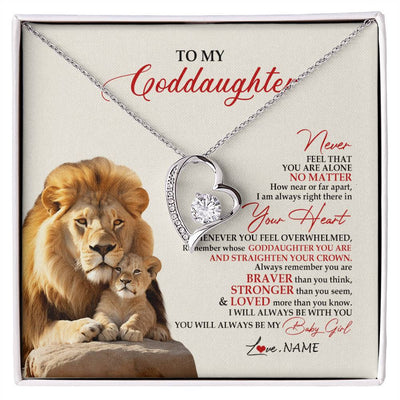 Forever Love Necklace 14K White Gold Finish | 1 | Personalized To My Goddaughter Necklace From Godfather Aunt Never Feel You Are Alone Lion Goddaughter Birthday Graduation Christmas Customized Message Card | siriusteestore