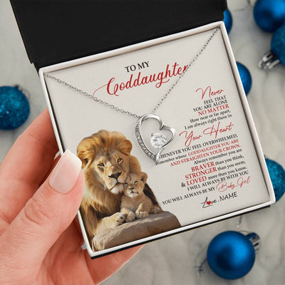 Forever Love Necklace 14K White Gold Finish | 2 | Personalized To My Goddaughter Necklace From Godfather Aunt Never Feel You Are Alone Lion Goddaughter Birthday Graduation Christmas Customized Message Card | siriusteestore