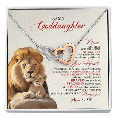 Interlocking Hearts Necklace Stainless Steel & Rose Gold Finish | 1 | Personalized To My Goddaughter Necklace From Godfather Aunt Never Feel You Are Alone Lion Goddaughter Birthday Graduation Christmas Customized Message Card | siriusteestore
