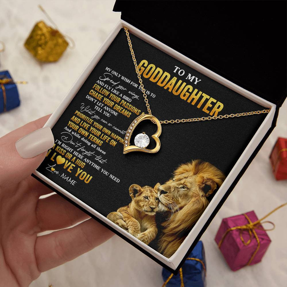 Forever Love Necklace 18K Yellow Gold Finish | 2 | Personalized To My Goddaughter Necklace From Godfather Lion My Only Wish For You Goddaughter Birthday Graduation Christmas Customized Gift Box Message Card | siriusteestore