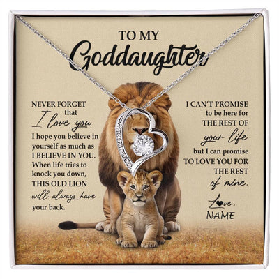 Forever Love Necklace 14K White Gold Finish | 1 | Personalized To My Goddaughter Necklace From Godfather Lion Never Forget That I Love You Goddaughter Jewelry Birthday Graduation Christmas Customized Message Card | siriusteestore