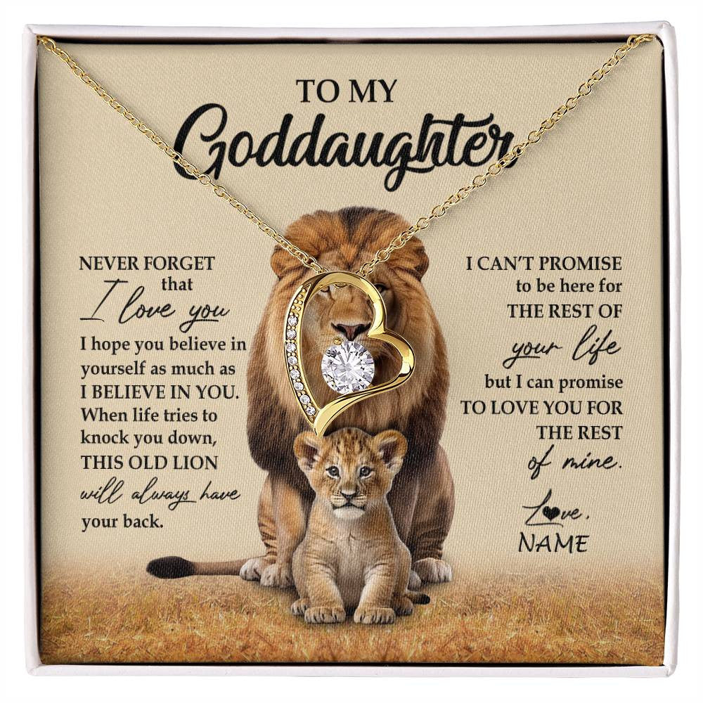 Forever Love Necklace 18K Yellow Gold Finish | 1 | Personalized To My Goddaughter Necklace From Godfather Lion Never Forget That I Love You Goddaughter Jewelry Birthday Graduation Christmas Customized Message Card | siriusteestore