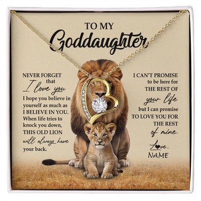 Forever Love Necklace 18K Yellow Gold Finish | 1 | Personalized To My Goddaughter Necklace From Godfather Lion Never Forget That I Love You Goddaughter Jewelry Birthday Graduation Christmas Customized Message Card | siriusteestore