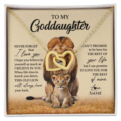 Interlocking Hearts Necklace 18K Yellow Gold Finish | 1 | Personalized To My Goddaughter Necklace From Godfather Lion Never Forget That I Love You Goddaughter Jewelry Birthday Graduation Christmas Customized Message Card | siriusteestore