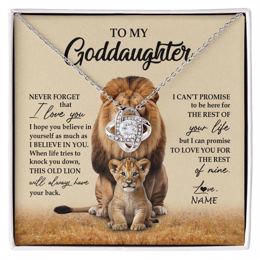 Love Knot Necklace 14K White Gold Finish | 1 | Personalized To My Goddaughter Necklace From Godfather Lion Never Forget That I Love You Goddaughter Jewelry Birthday Graduation Christmas Customized Message Card | siriusteestore