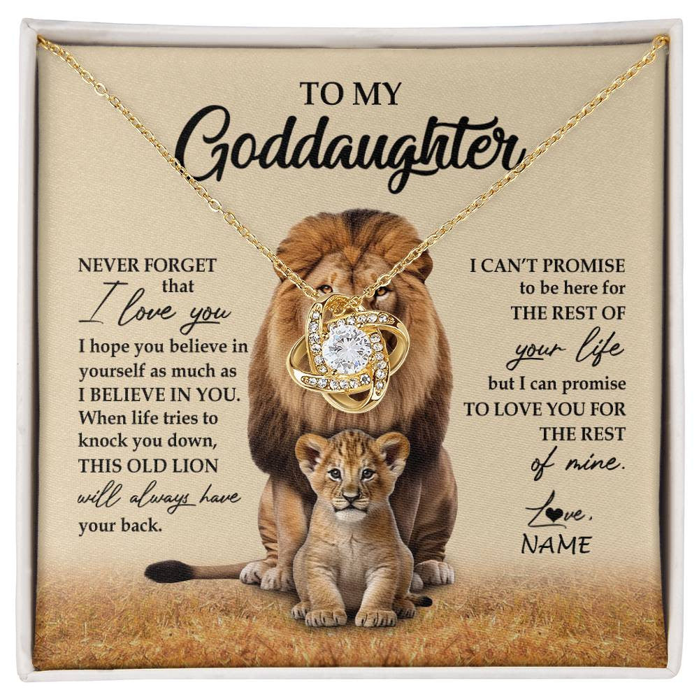 Love Knot Necklace 18K Yellow Gold Finish | 1 | Personalized To My Goddaughter Necklace From Godfather Lion Never Forget That I Love You Goddaughter Jewelry Birthday Graduation Christmas Customized Message Card | siriusteestore