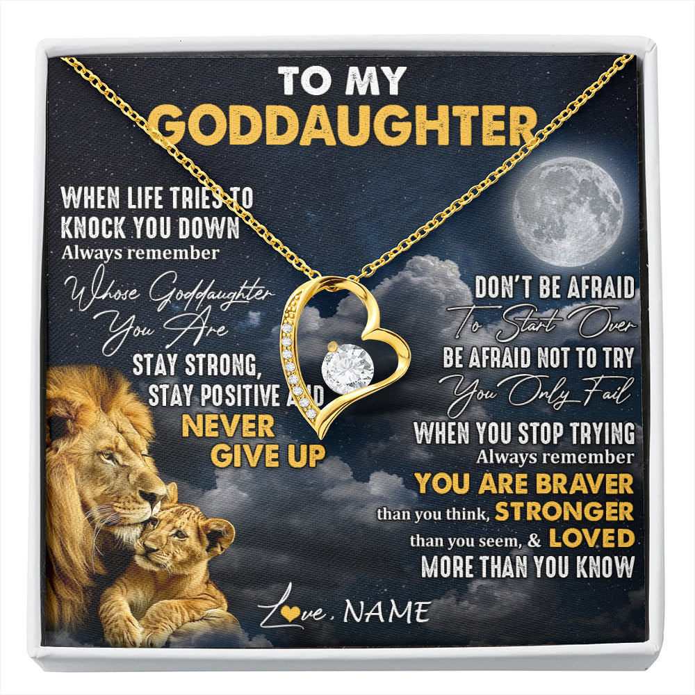 Forever Love Necklace 18K Yellow Gold Finish | 1 | Personalized To My Goddaughter Necklace From Godfather Lion Never Give Up Goddaughter Birthday Graduation Christmas Jewelry Customized Gift Box Message Card | siriusteestore