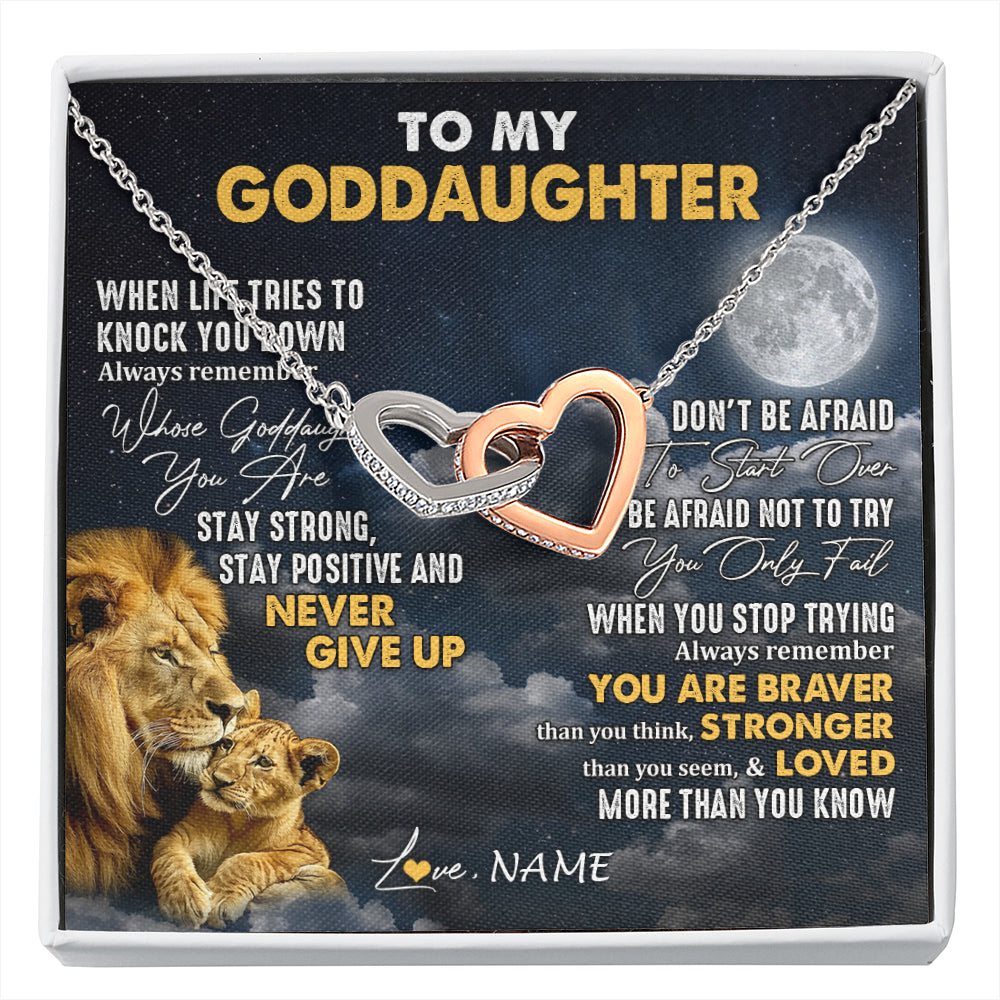 Interlocking Hearts Necklace Stainless Steel & Rose Gold Finish | 1 | Personalized To My Goddaughter Necklace From Godfather Lion Never Give Up Goddaughter Birthday Graduation Christmas Jewelry Customized Gift Box Message Card | siriusteestore