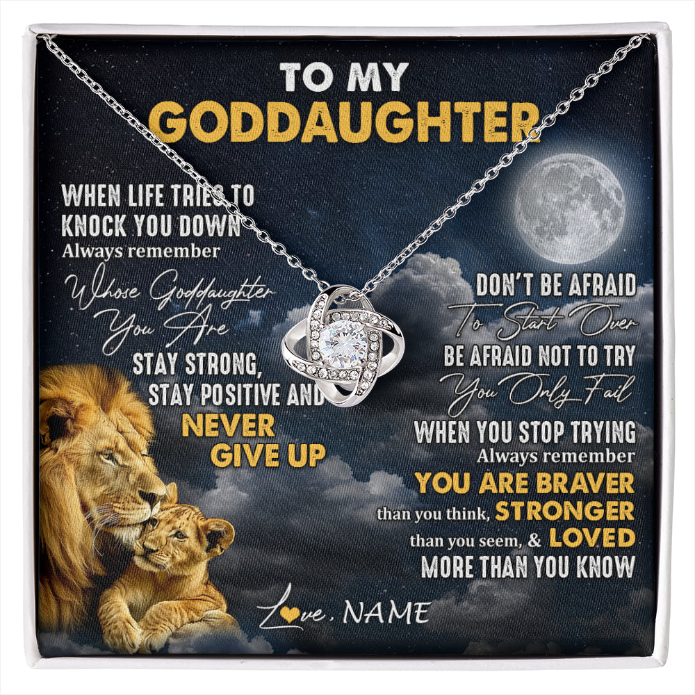 Love Knot Necklace 14K White Gold Finish | 1 | Personalized To My Goddaughter Necklace From Godfather Lion Never Give Up Goddaughter Birthday Graduation Christmas Jewelry Customized Gift Box Message Card | siriusteestore