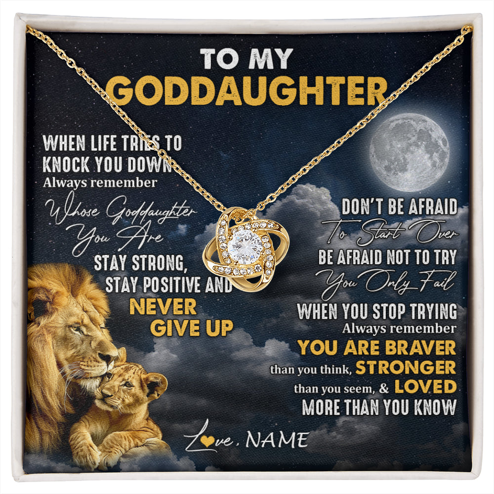 Love Knot Necklace 18K Yellow Gold Finish | 1 | Personalized To My Goddaughter Necklace From Godfather Lion Never Give Up Goddaughter Birthday Graduation Christmas Jewelry Customized Gift Box Message Card | siriusteestore