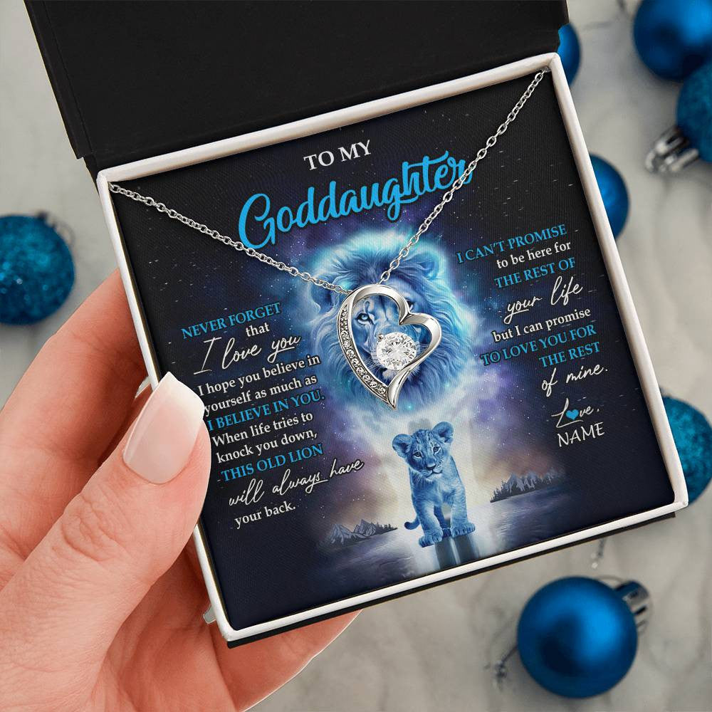 Forever Love Necklace 14K White Gold Finish | 2 | Personalized To My Goddaughter Necklace From Godfather Never Forget I Love You Lion Goddaughter Jewelry Birthday Graduation Christmas Customized Message Card | siriusteestore