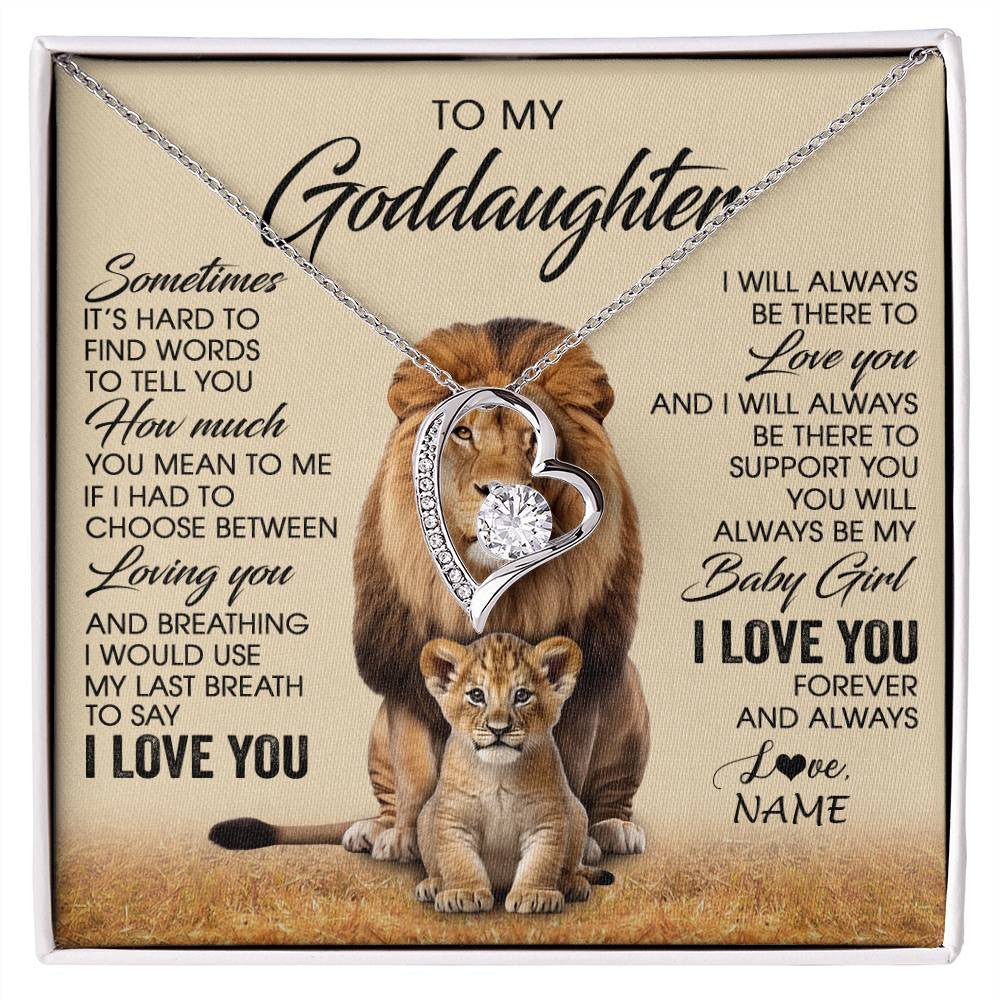 Forever Love Necklace 14K White Gold Finish | 1 | Personalized To My Goddaughter Necklace From Godfather Sometimes It's Hard Lion Goddaughter Gift Birthday Jewelry Christmas Customized Gift Box Message Card | siriusteestore