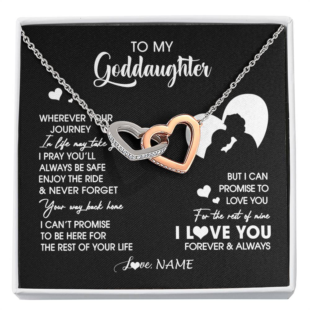 Interlocking Hearts Necklace Stainless Steel & Rose Gold Finish | 1 | Personalized To My Goddaughter Necklace From Godfather Wherever Your Journey Goddaughter Birthday Gifts Graduation Christmas Customized Gift Box Message Card | siriusteestore