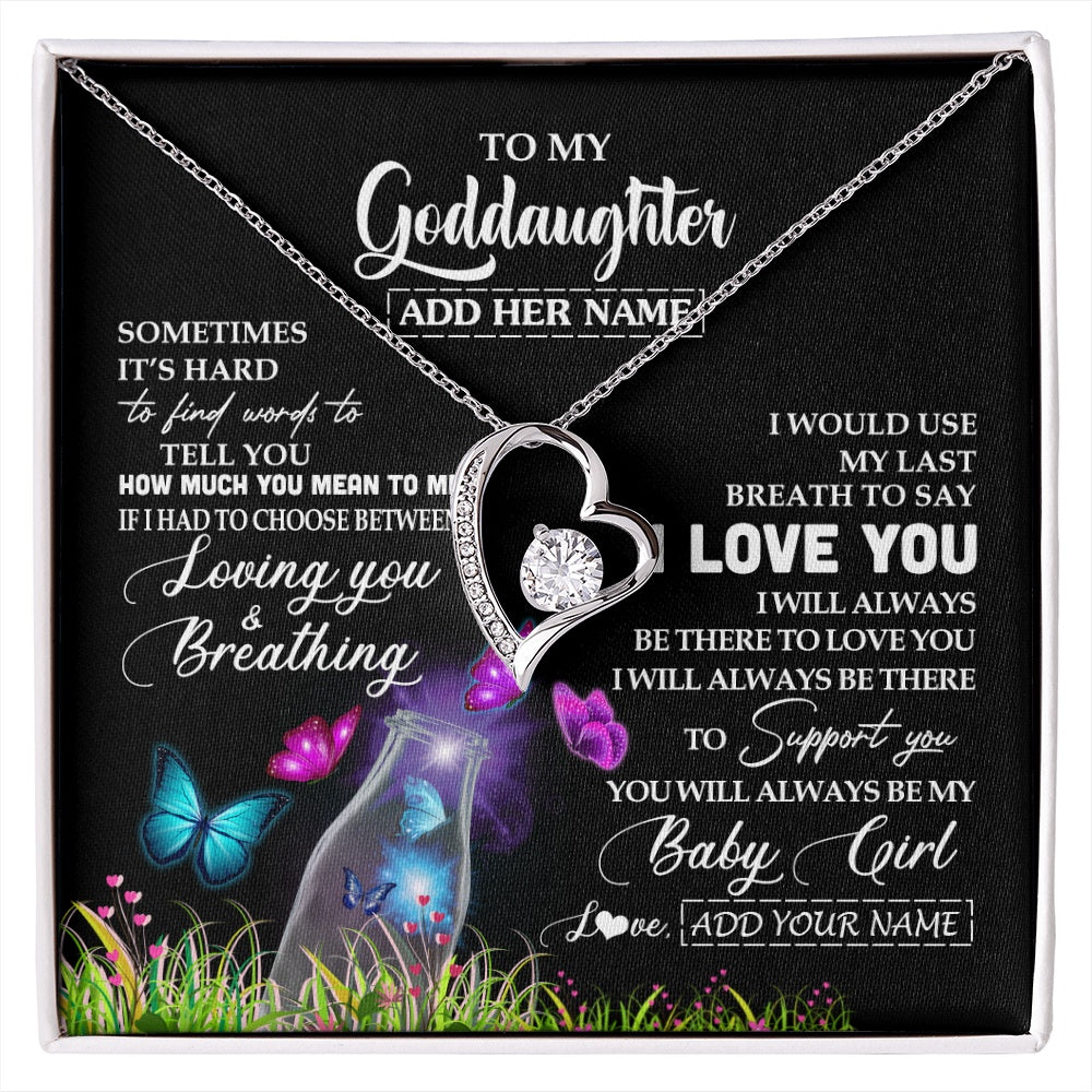 Forever Love Necklace 14K White Gold Finish | 1 | Personalized To My Goddaughter Necklace From Godmother Aunt Butterfly Sometimes Say I Love You Goddaughter Birthday Christmas Custom Gift Box Message Card | siriusteestore.myshopify